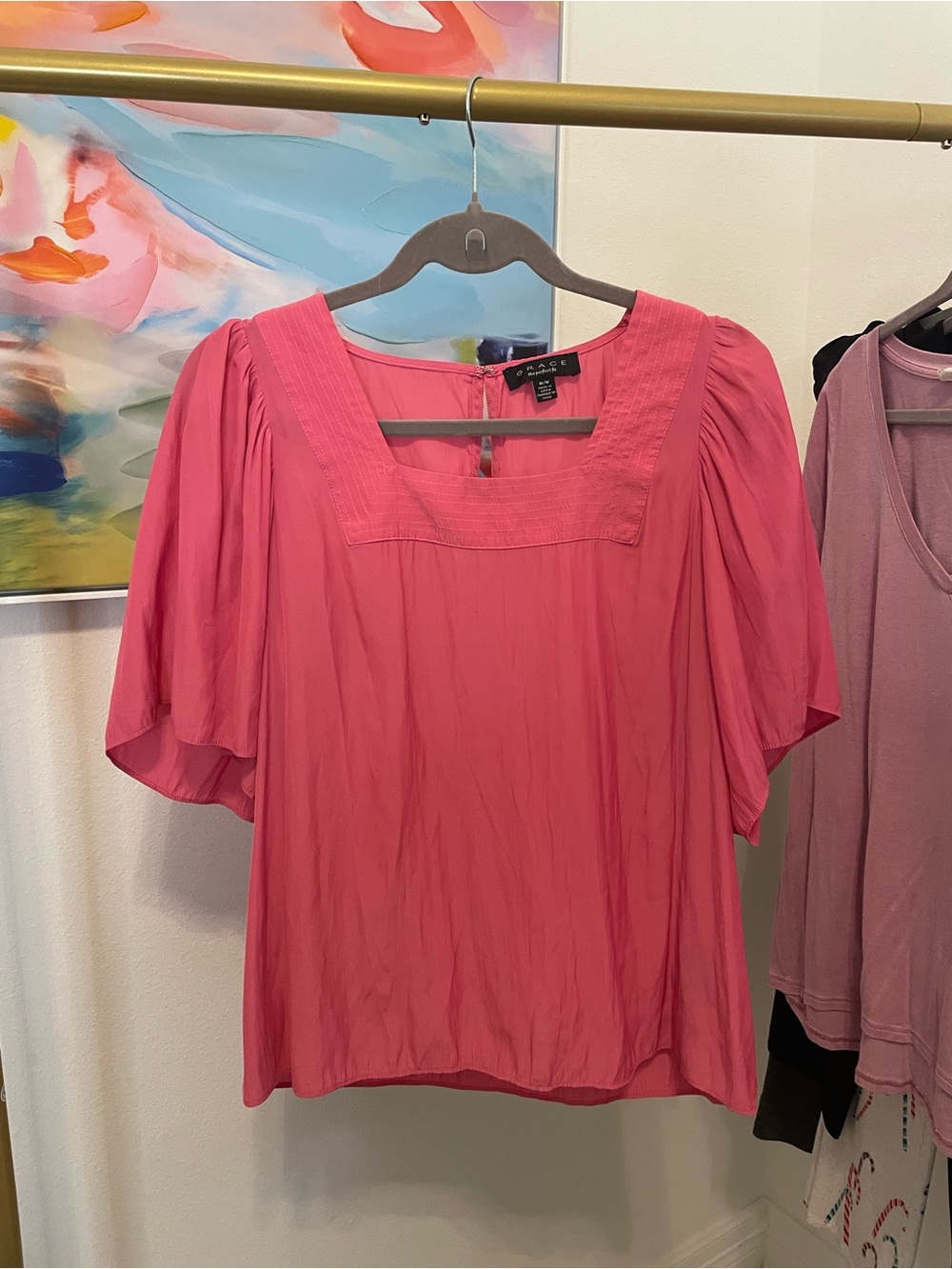 Grace‎ Pink Square-Neck Flutter Sleeve Blouse Medium